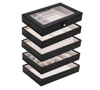 Boxudeli 5 Layer Jewellery Trays Stackable Jewellery Organiser Tray with Clear Lid, Jewellery Display Tray for Drawer Large Jewellery Box for Dressing Table (black, 5 layer attach the lid)