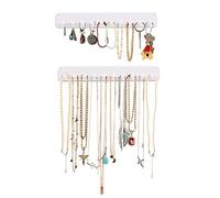 Boxy Concepts Necklace Organizer 2 Pack - Easy-Install 10.5"x1.5" White Hanging Holder Wall Mount with 10 Necklace Hooks for Bracelets, Earrings, and Keys