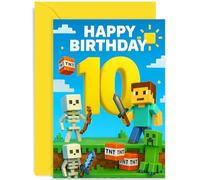 Boy 10th Birthday Card for Gamer, Mine Blocks Design, Games Controller Level 10, Ten Years Old Today, For Great Grandson Son Nephew Brother, Blank Inside with Envelope