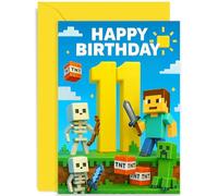 Boy 11th Birthday Card for Gamer, Mine Blocks Design, Games Controller Level 11, Eleven Years Old Today, For Great Grandson Son Nephew Brother, Blank Inside with Envelope
