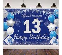 Boy 13th Birthday Decorations Banner - Official Teenager Decorations Blue Silver Happy 13th Birthday Photograph Backdrop 13 Years Old Birthday Party Supplies