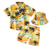 Boy 3 Piece Summer Clothes Set Little Kids Short Sleeve Button-Down T-Shirt Tops Shorts Beach Casual Formal Outfits Yellow Coconut 11-12 Years