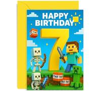 Boy 7th Birthday Card for Gamer, Mine Blocks Design, Games Controller Level 7, Seven Years Old Today, For Great Grandson Son Nephew Brother, Blank Inside with Envelope