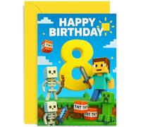 Boy 8th Birthday Card for Gamer, Mine Blocks Design, Games Controller Level 8, Eight Years Old Today, For Great Grandson Son Nephew Brother, Blank Inside with Envelope