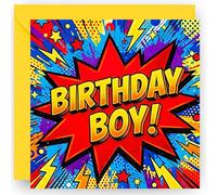 Boy Birthday Card - for Son Grandson or Nephew - Birthday Boy Comic Book Design - for Teens or Tweens - 4th 5th 6th 7th 8th 9th 10th - with vibrant Yellow Envelope - size: 14cm
