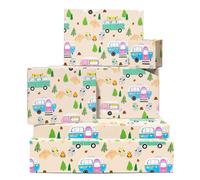 Boy Birthday Wrapping Paper - 6 Sheets Giftwrap - Camping Theme - Camper Van Campfire - Pastel Colour Gift Wrap For Men Women Friends - For Christmas Anniversary All Occasion - Includes Tags