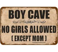 Boy Cave No Girls Allowed Except Mom Tin Retro Look Decoration Poster Sign for Home Kitchen Bathroom Bedroom Garden Garage Inspirational Quotes Wall Decor 8x6 Inch
