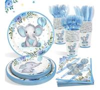 Boy Elephant Baby Shower Decorations Party Supplies Plate Set Serves 25,Plates Napkins Cups and Straws Blue Floral Birthday Baby Shower Tableware Set