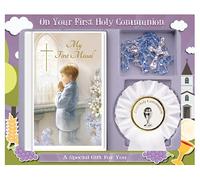 Boy First Holy Communion Hardback Missal, Prayer Card/Book Mark, Blue Glass Rosary & Rosette for commitment to Catholic Faith