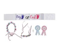 Boy Girl Gender Reveal Sash Belt Set with Flower Headband, Wristband & Party Buttons, Soft Fabric Ribbon Gender Reveal Accessories for Baby Shower, Maternity Photo Prop