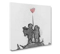 Boy & Girl with Red Balloon in Abstract Modern Canvas Wall Art Print Ready to Hang, Framed Picture for Living Room Bedroom Home Office Décor, 20x20 Inch (50x50 cm)