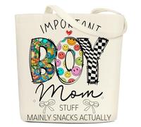 Boy Mom Canvas Tote Bags for Women New Mom Boy Mama Aesthetic Gifts for Mother's Day Baby Shower Christmas Cute Cotton Tote Bag for Shopping Work Reusable Grocery Shoulder Bag with Wide Strap - DH697