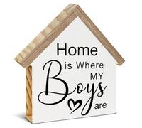 Boy Mom Gifts, Home is Where My Boys are House Shaped Wood Block Sign, New Home Gifts for Boy Mom, Home Living Room Decor for Desk Table Shelf
