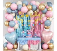 Boy or Girl Gender Reveal Decorations, Dusty Pink Blue Sand White Gold Latex Foil Balloon Oh Baby Banner Boy or Girl Cake Topper Fringe Curtain for Boho Baby Shower Gender Reveal Party Decoration