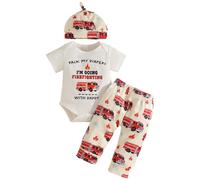 Boy Outfit Newborn Baby Boy Outfits I’m Going Firefighting with Daddy Fire Truck Romper Pants Set Clothes 3PCS Outfit (White, 0-3 Months)