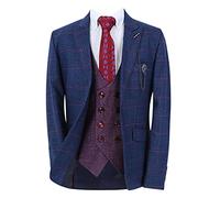Boy’s Windowpane Check Slim Fit Navy Blue Suit 3 Piece Set Special Occasion Birthday Wedding Dinner Prom Party Size 6 Years