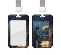 Boy Sitting on Balcony ID Badge Holder with Lanyard Vertical Card Case Protector Pouch with Clear Window Plastic Sliding ID Card Holder for NurseOffice Supplies Name Tag