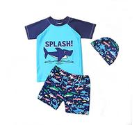 Boy Swimming Costume Two Piece Swimwear with Swimming Cap Big Boys Shark Short Sleeve Swimsuits Swim Costume for Boys 9-11 Years,Sky Blue Shark