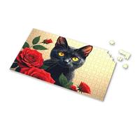 Boy Toys A Black Cat With Striking Yellow Eyes Is Surrounded By Vibrant Red Roses. Picture Puzzle Toddler Puzzles Ages 2-4 1000 Piece Puzzles(300PCS)