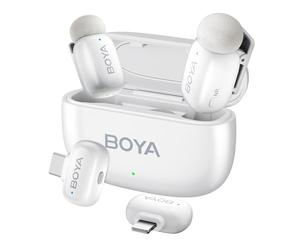 Boyamini Wireless Lavalier Microphone for iPhone/iPad Android Device with 2 Plugs&2 Ultra Mini Mics with 30H Usage, AI Voice Change, Lapel Microphone for Vlog, Streaming, TikTok, YouTube(White)