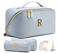 BOYATU Personalized Makeup Bag for Travel: 3-in-1 Cosmetics Bag Gift Set for Women - 26 Letters A-Z Available - Portable Emotional Symbols for Birthday Anniversary Graduation(Blue-R)