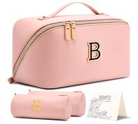 BOYATU Personalized Makeup Bag for Travel: 3-in-1 Cosmetics Bag Gift Set for Women - 26 Letters A-Z Available - Portable Emotional Symbols for Birthday Anniversary Graduation(Pink-B)