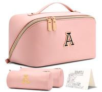 BOYATU Personalized Makeup Bag for Travel: 3-in-1 Cosmetics Bag Gift Set for Women - 26 Letters A-Z Available - Portable Emotional Symbols for Birthday Anniversary Graduation(Pink-A)