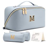 BOYATU Personalized Makeup Bag for Travel: 3-in-1 Cosmetics Bag Gift Set for Women - 26 Letters A-Z Available - Portable Emotional Symbols for Birthday Anniversary Graduation(Blue-M)