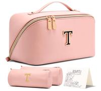 BOYATU Personalized Makeup Bag for Travel: 3-in-1 Cosmetics Bag Gift Set for Women - 26 Letters A-Z Available - Portable Emotional Symbols for Birthday Anniversary Graduation(Pink-T)