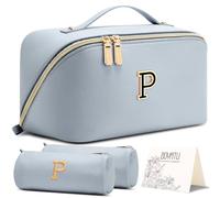 BOYATU Personalized Makeup Bag for Travel: 3-in-1 Cosmetics Bag Gift Set for Women - 26 Letters A-Z Available - Portable Emotional Symbols for Birthday Anniversary Graduation(Blue-P)