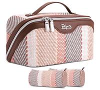 BOYATU Travel Makeup Bag Cosmetic Bag for Women: 3 Pcs Set Make up Bag with Compartments - Waterproof Vegan Leather Toiletry Bags with Handle - Makeup Organizer for Travel Essentials, C-5-Coffee