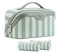 BOYATU Travel Makeup Bag Cosmetic Bag for Women: 3 Pcs Set Make up Bag with Compartments - Waterproof Vegan Leather Toiletry Bags with Handle - Makeup Organizer for Travel Essentials, A-2-Green