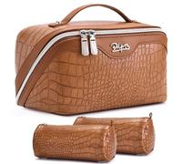 BOYATU Travel Makeup Bag Cosmetic Bags for Women: 3 Pcs Set Portable Make up Bag with Handle - Vegan Leather Toiletry Bags with Compartments - Makeup Organizer for Travel Essentials, E-2-Brown, 9.25"L