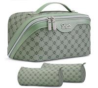BOYATU Travel Makeup Bag Cosmetic Bags for Women: 3 Pcs Set Portable Make up Bag with Handle - Vegan Leather Toiletry Bags with Compartments - Makeup Organizer for Travel Essentials, A-5-Green, 9.25"L