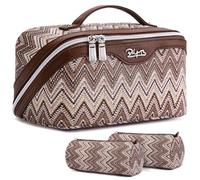 BOYATU Travel Makeup Bag Cosmetic Bags for Women: 3 Pcs Set Portable Make up Bag with Handle - Vegan Leather Toiletry Bags with Compartments - Makeup Organizer for Travel Essentials, J-2-Brown