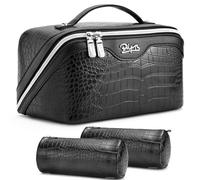 BOYATU Travel Makeup Bag Cosmetic Bags for Women: 3 Pcs Set Portable Make up Bag with Handle - Vegan Leather Toiletry Bags with Compartments - Makeup Organizer for Travel Essentials, E-1-Black, 9.25"L