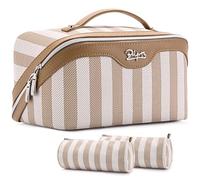 BOYATU Travel Makeup Bag Cosmetic Bags for Women: 3 Pcs Set Portable Make up Bag with Handle - Vegan Leather Toiletry Bags with Compartments - Makeup Organizer for Travel Essentials, B-6-Khaki