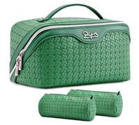 BOYATU Travel Makeup Bag Cosmetic Bags for Women: Large Capacity 3 Pcs Set Make up Bag with Compartments - Waterproof Vegan Leather Toiletry Organizer Bags with Handle - Travel Essentials, L12 Green