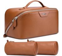 BOYATU Travel Makeup Bag Cosmetic Bags for Women: Large Capacity 3 Pcs Set Make up Bag with Compartment, 01Brown, Genuine Leather Makeup Bags