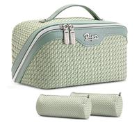 BOYATU Travel Makeup Bag Organizer Cosmetic Bag: 3 Pcs Set Make up Bags for Women with Handle - Waterproof Vegan Leather Toiletry Bags Travel Essentials Pouch with Compartments, Light Green-W