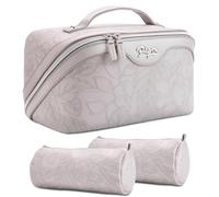 BOYATU Travel Makeup Bags Cosmetic Organizer Bag: 3-Set Large Capacity Make up Bag - PU Leather Toiletry Bags for Women - Wide Open Portable Pouch with Divider & Handle, 15-Light Grey-2, Travel