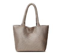 BOYATU Woven Tote Womens Shoulder Bag: Vegan Leather Work Satchel Retro Handwoven Handbag Large Purse Summer Beach Travel Totes, Light Copper and Silver, L