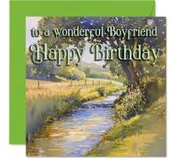 Boyfriend Birthday Card - Outdoor Watercolor River - Happy Birthday Card for Boyfriend from Girlfriend Partner, 145mm Outdoor Watercolor Pond Bday Greeting Cards