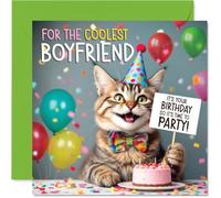Boyfriend Birthday Card - Party Cat - Happy Birthday Card for Boyfriend from Girlfriend Partner, 145mm Celebration Cat Bday Greeting Cards