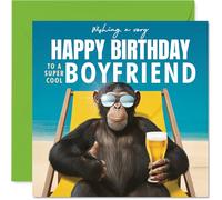 Boyfriend Birthday Card - Relaxing Chimp on Beach - Happy Birthday Card for Boyfriend from Girlfriend Partner, 145mm playful animal illustration Bday Greeting Cards