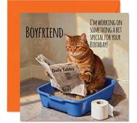 Boyfriend Birthday Card - Working on Something Special - Happy Birthday Card for Boyfriend from Girlfriend Partner, 145mm Funny Cat Litter Tray Humour Bday Greeting Cards
