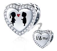 Boyfriend Girlfriend in Love Heart Charms fit Pandora Open Bracelet, 925 Sterling Silver 'U and Me' Boy and Girl Always Together Beads with CZ, Gifts for Married Couple/Christmas