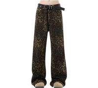 Boyfriend Jeans for Women UK Leopard Print Wide Leg Jeans High Waisted Pull On Stretch Comfy Palazzo Trousers Y2K Street Hip Hop Denim Pants Loose Trousers with Pockets for Everyday Wear XXS-3XL