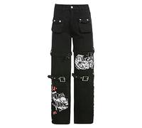 Boyfriend Jeans Wide Leg Harajuku Pants Goth Black Cargo Trousers Women's Baggy Jeans Strauss Stretch Jeans E-Girl Jogging Bottoms Steam Punk Streetwear Y2K with Print Trousers Low Waist Women's