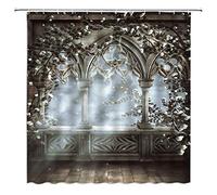 BOYIAN Gothic Shower Curtain Decor Medieval Castle Vintage Arch Stone Pillar White Rose Floral Vine Fogy Night Grey Fabric Bath Curtains Bathroom Polyester with Plastic Hooks 70x70Inch